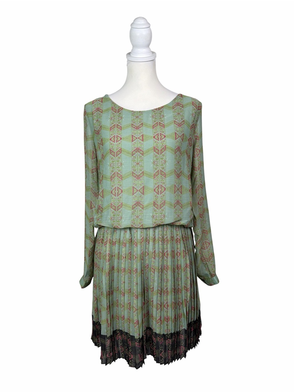 Lavand Mint Green Boho Pleated Dress Geometric Print Long Sleeve Dress M